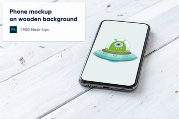 Phone on White Wooden Background PSD Mockup
