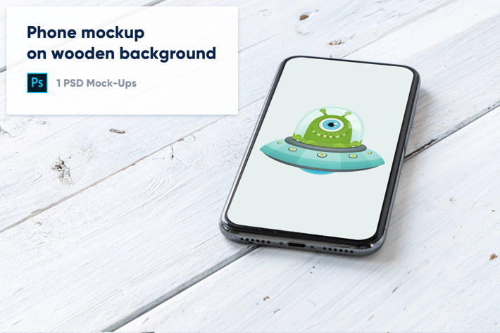 Phone on White Wooden Background PSD Mockup