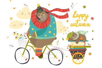 Cute bear riding a bicycle with sleeping cub.