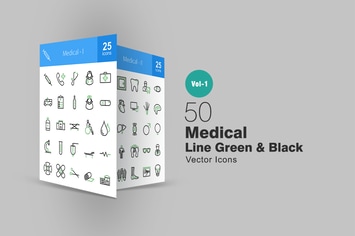 50 Medical Line Green & Black Icons