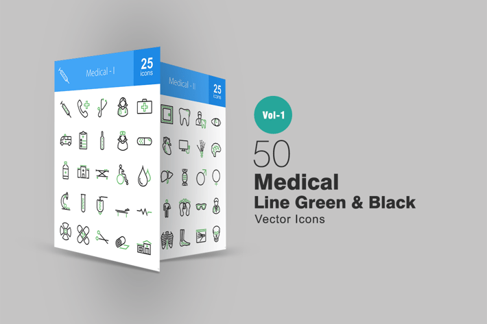 50 Medical Line Green & Black Icons