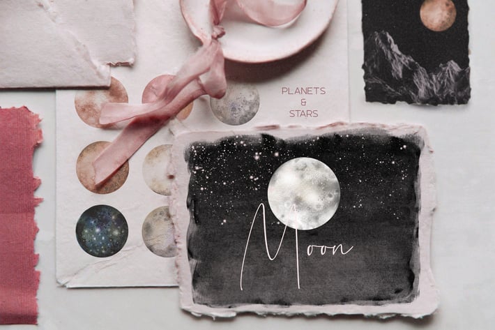 Watercolor cosmic planets ans stars illustrations
