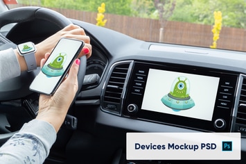 Phone, Smart Watch and Car Display Mockup - PSD