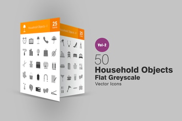 50 Household Objects Greyscale Icons