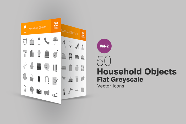 50 Household Objects Greyscale Icons