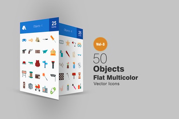 50 Objects Flat Multicolor Icons