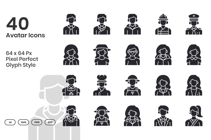 40 Avatar Icons Set - Glyph