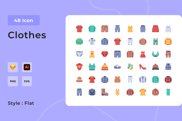 48 Clothes & Fashion Flat Style Icon Pack