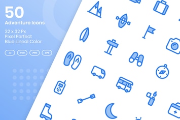 50 Adventure Icons Set - Blue Lineal Color