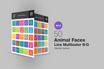 50 Animal Faces Line Multicolor B/G Icons
