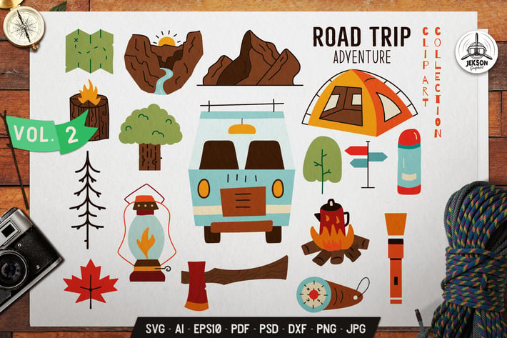 Road Trip Clip Art Collection. Camping Icons Set