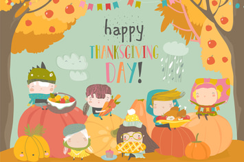Cartoon children harvesting in autumn garden. Happ