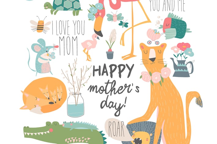 Vector set of cute cartoon animals mothers with th
