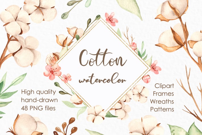 Watercolor cotton. Clipart, frames, wreaths