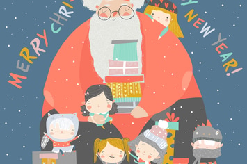 Cartoon Santa Claus with children and gifts. 