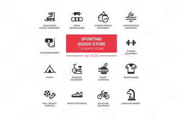Sporting goods store - simple icons, pictograms