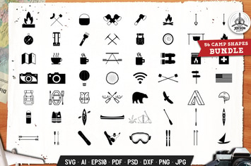 Camp Icons Set Silhouette, Line Vector Graphic