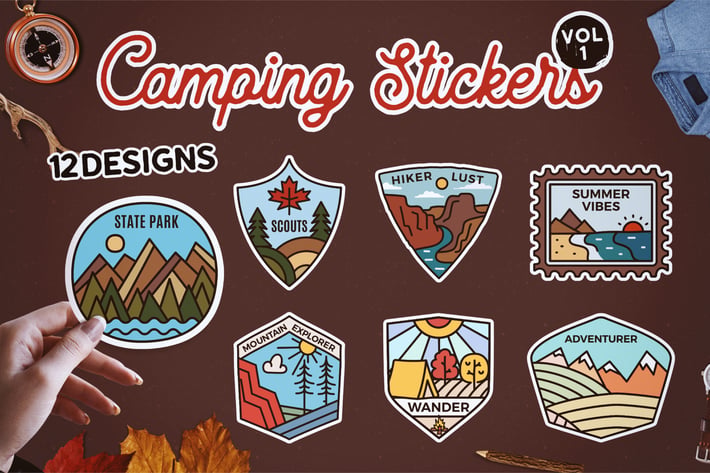 Camping Stickers Bundle Vector Travel Labels. Vol1