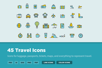 45 Thin Line Travel Icons