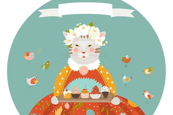 Cute cat with cupcakes wearing dress