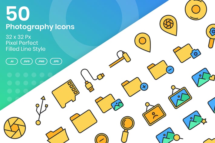 50 Photography Icons Set Vol 1 - Filled Line