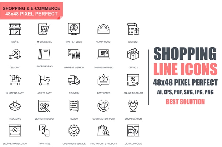 Simple Set Shopping and E-Commerce Line Icons