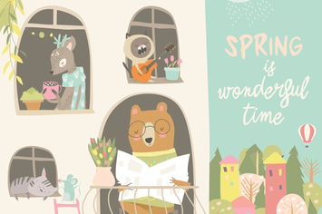 Cute animals look out of the windows. Hello spring