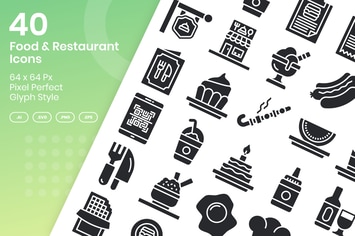 40 Food & Restaurant Icons Set - Glyph