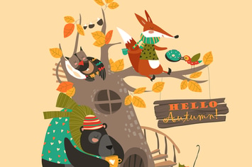 Funny animals on the autumn tree. Vector