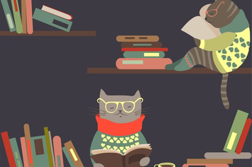 Cats reading books on bookshelves