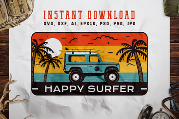 Happy Surfer Badge / Vintage Travel Logo
