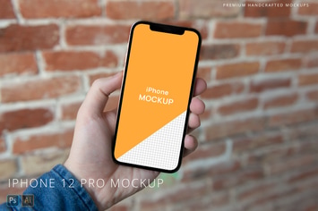iPhone 12 Pro in Hand Mockup Bricks Background