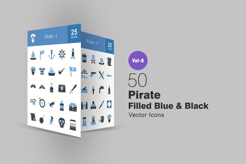 50 Pirate Filled Black & Blue Icons