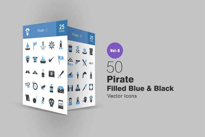 50 Pirate Filled Black & Blue Icons