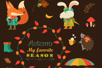 Cartoon characters and autumn elements. Vector 