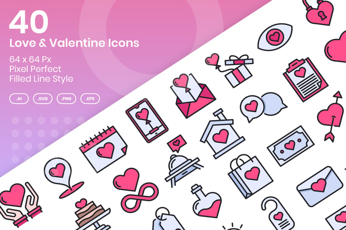 40 Love & Valentine Icons Set - Filled Line