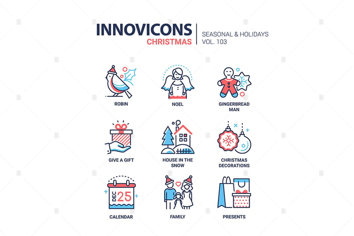 Christmas symbols line design style icons set