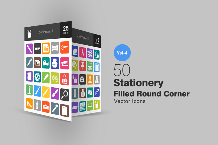 50 Stationery Flat Round Corner Icons