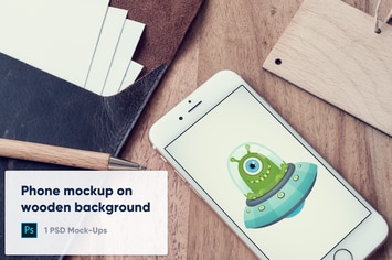 Phone on Wooden Background - PSD Mockup