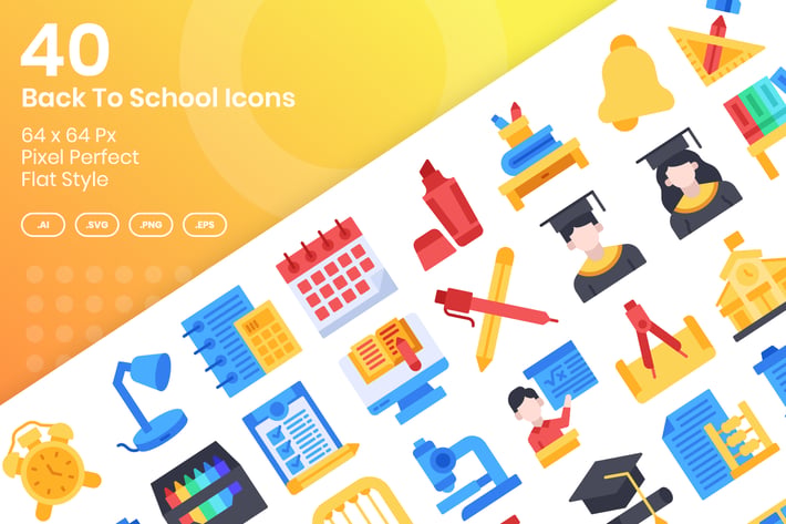 40 Back To School Icons Set - Flat