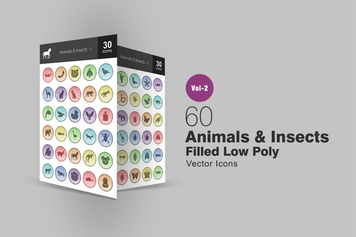 60 Animals & Insects Filled Low Poly Icons
