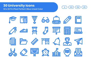 30 University Icons Set - Blue Lineal Color