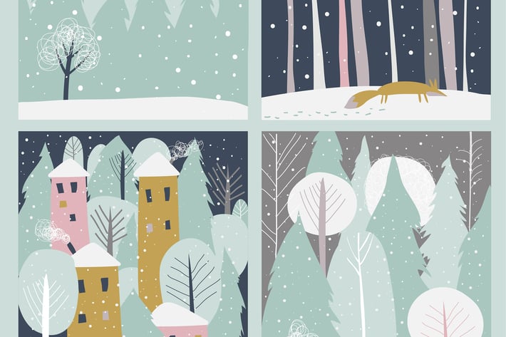 Set of winter lanscape in flat style. Vector 