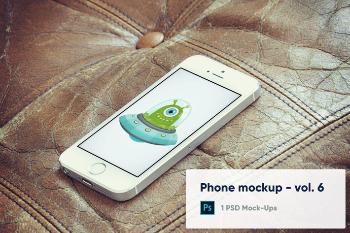 Phone on brown leather background mockup - Vol. 6