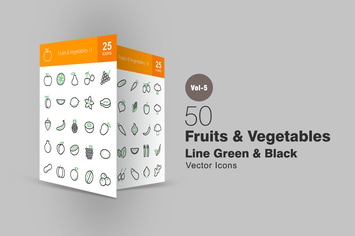 50 Fruits & Vegetables Line Green & Black Icons