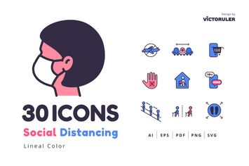 30 Social Distancing Icons Lineal Color Style