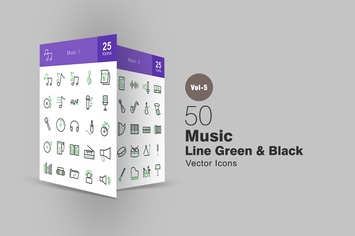 50 Music Line Green & Black Icons