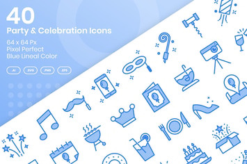 40 Party & Celebration Icons - Blue Lineal Color