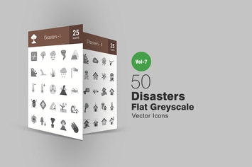 50 Disasters Flat Greyscale Icons