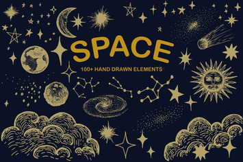 Space Hand drawn - Star Moon Sun Planet Zodiac